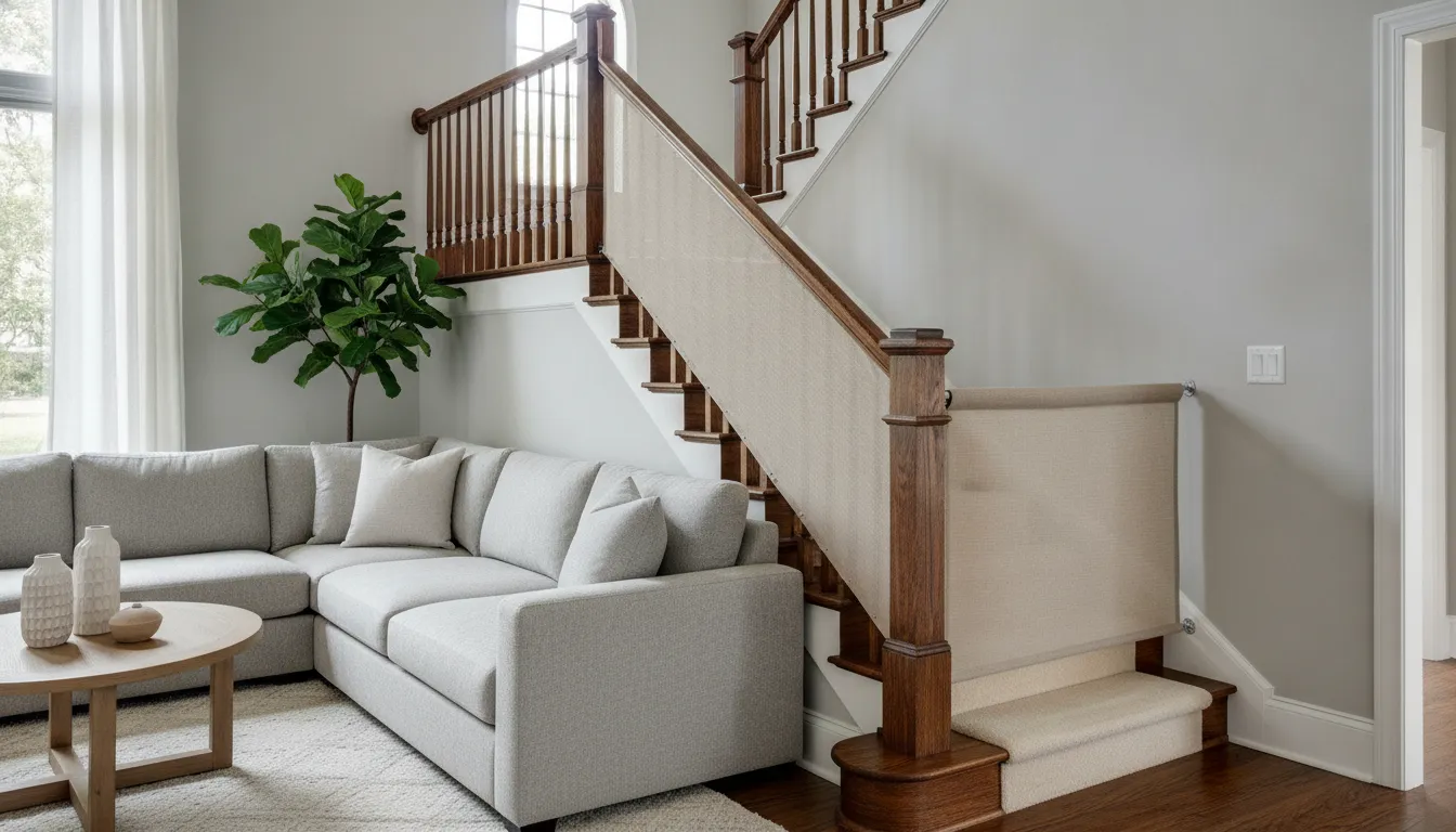 Custom baby gate fitted across an angled banister opening
