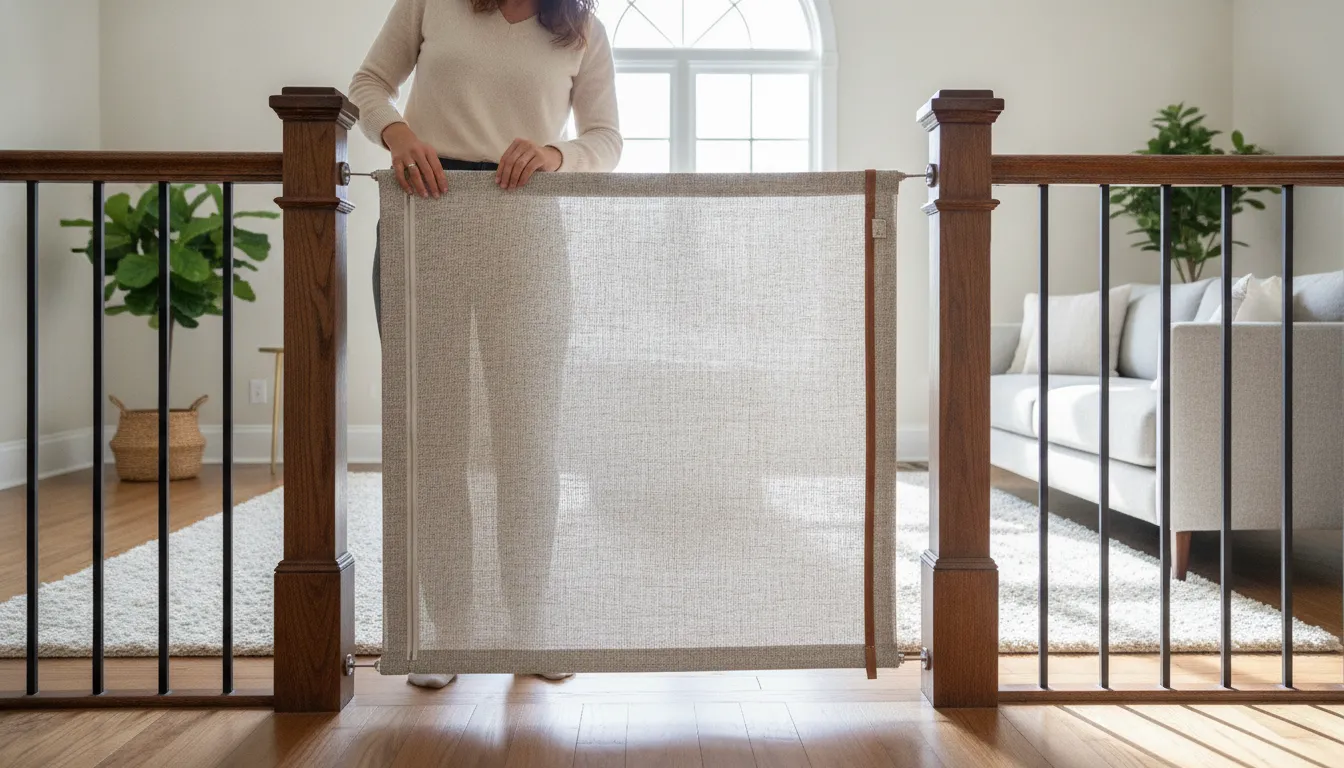 Parent preparing a washable fabric baby gate for cleaning