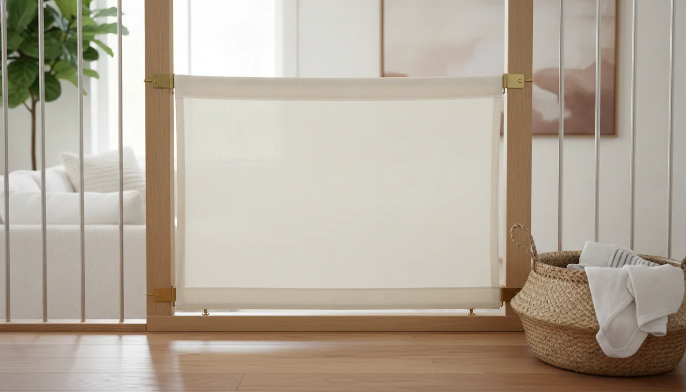 Clean washable baby gate installed between staircase banisters