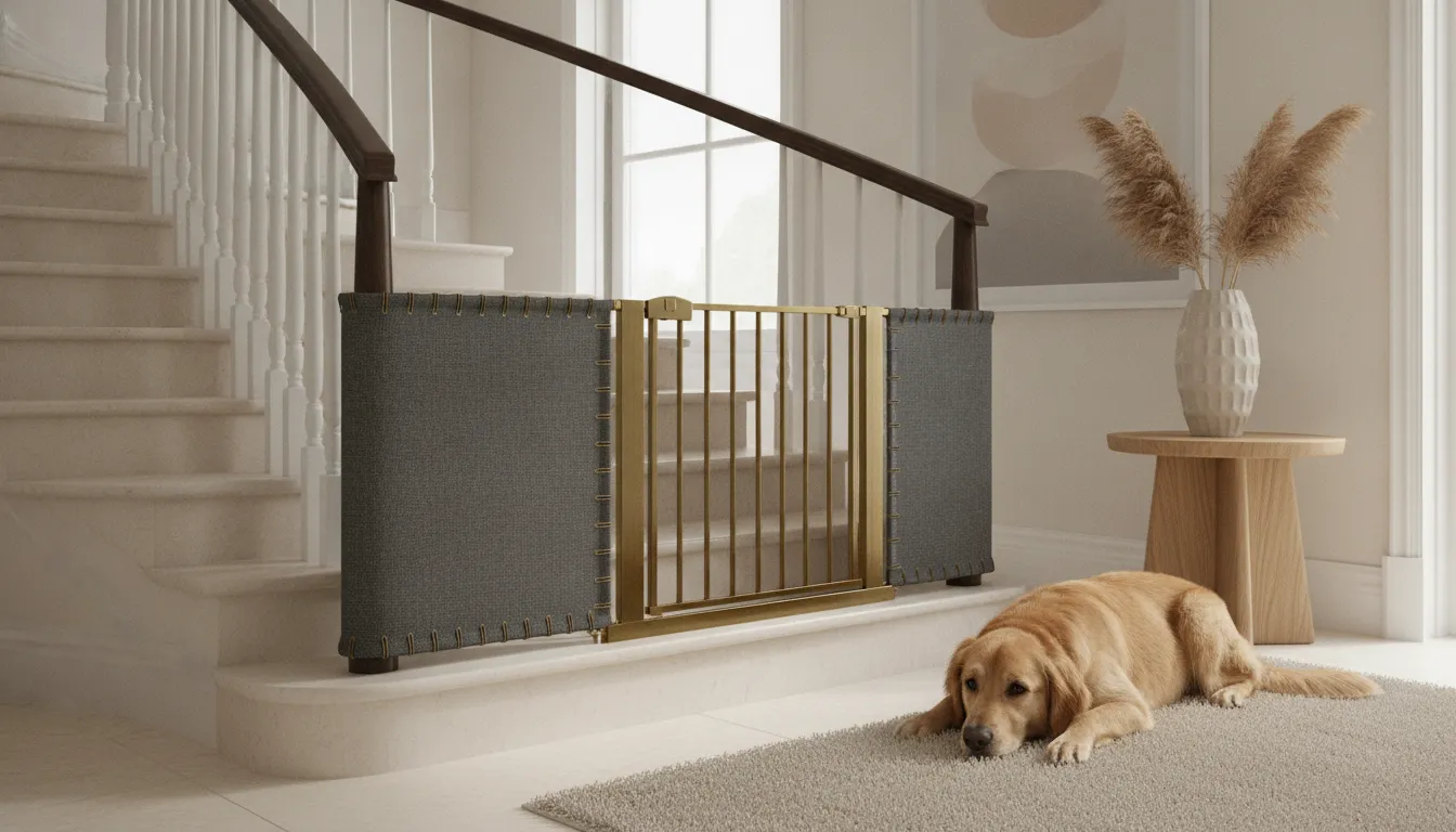 Calm dog beside a decorative fabric gate near stylish stairs