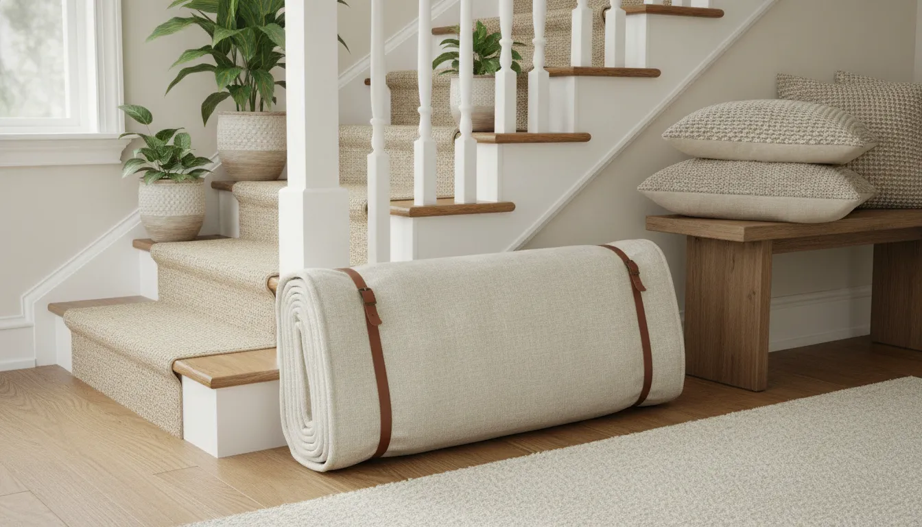 Rolled upholstery-grade cloth safety gate stored beside a styled staircase