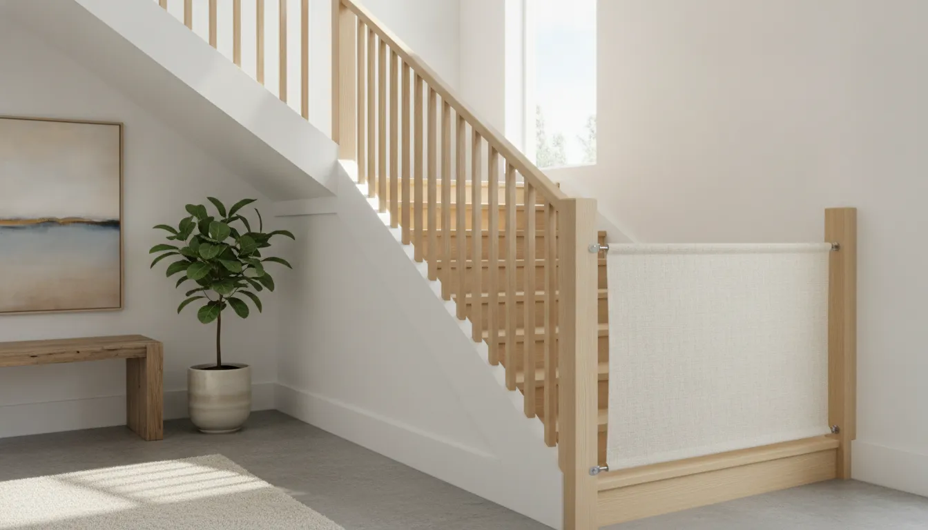 Fabric stair gate installed between wooden banisters in a modern home
