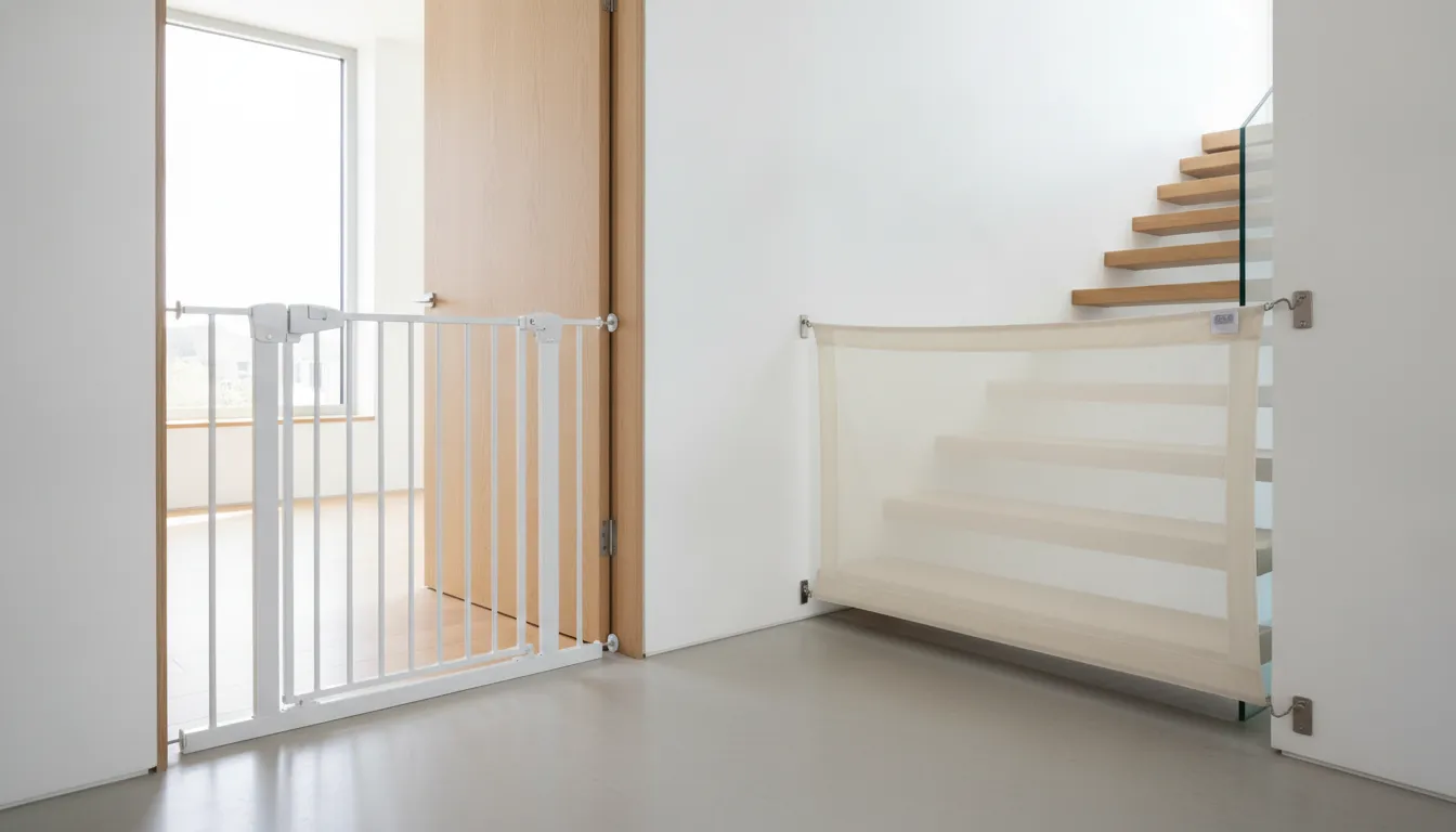 Baby gate with door compared with a roll-aside fabric barrier in a modern home