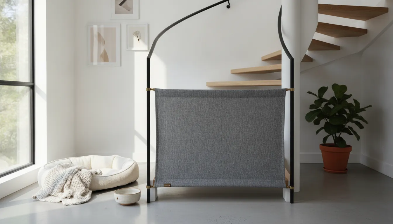 Fabric decorative dog gate fitted between stair banisters