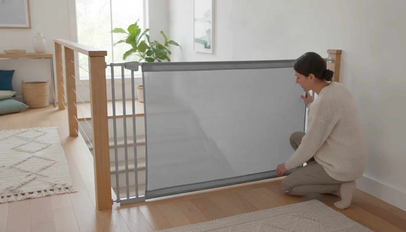 Modern fabric stair gate secured at the top of a staircase in a bright home showing the hardware mount system and climb-deterrent fabric surface