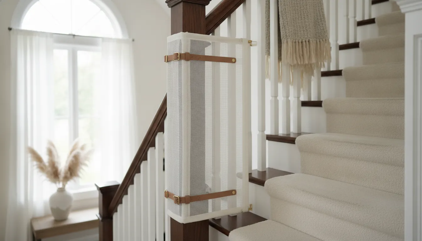 Elegant fabric safety gate mounted on stairway banister in a warm interior setting, soft neutral tones
