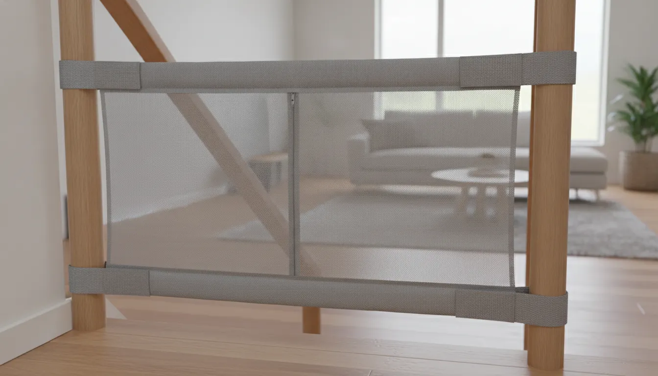 Close-up of a fabric safety gate panel showing the soft, washable fabric and no-drill banister wrap design