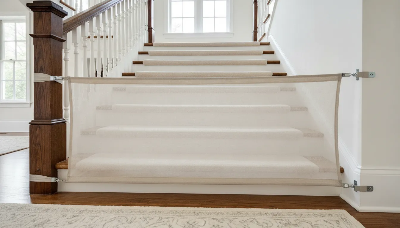 Wall-to-banister fabric baby gate for bottom of stairs installation