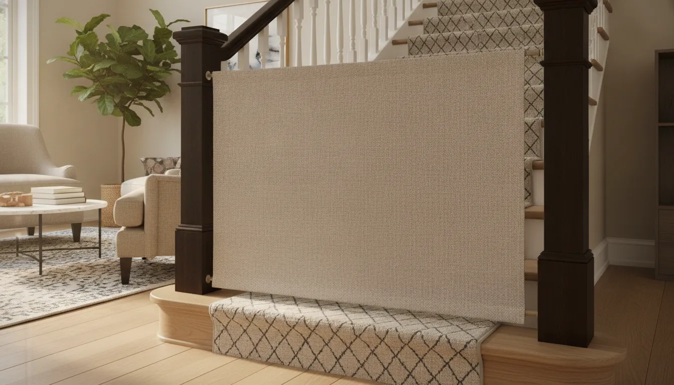 Fabric baby gate for bottom of stairs secured between wooden banisters