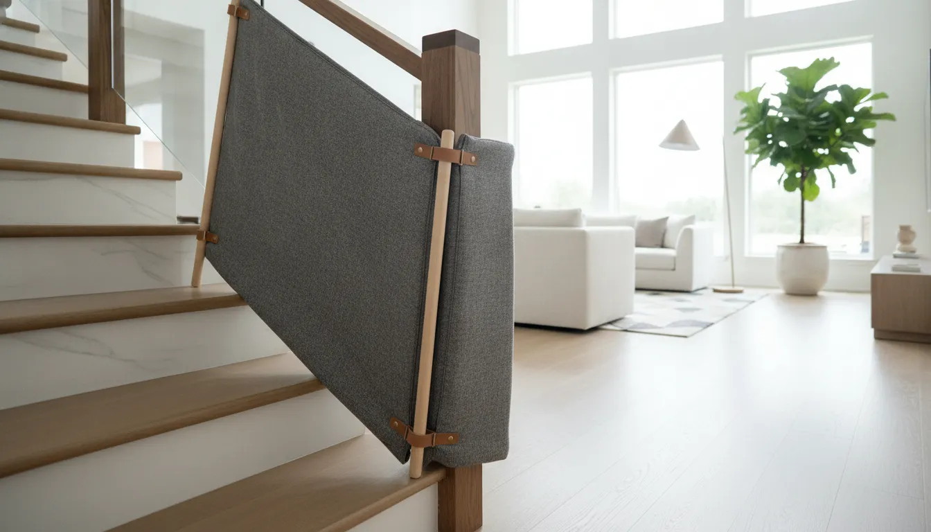 no drill baby gate installed around staircase banisters in a modern home