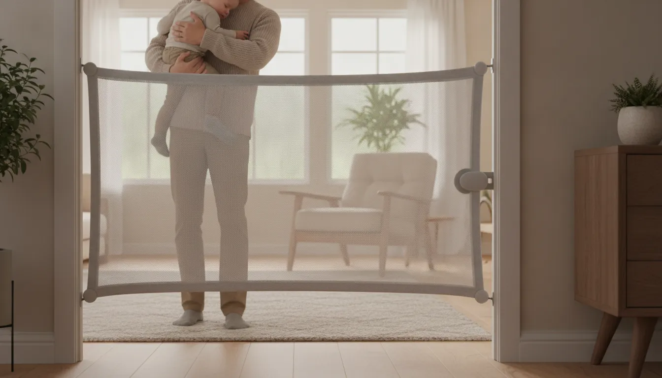 Parent opening a fabric safety gate with one hand while holding a child