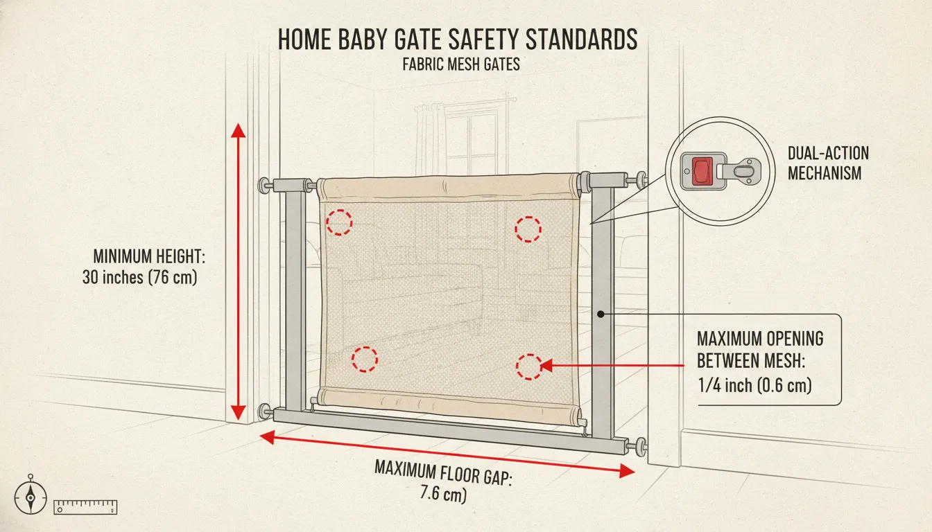 Safety diagram showing baby gate height, gap spacing, and locking requirements for ASTM F1004 compliance