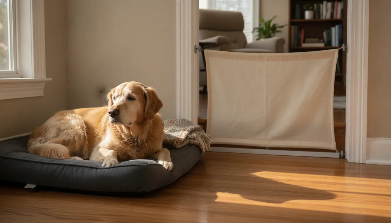 Senior golden retriever resting calmly near bottom of stairs with a fabric safety gate visible across the opening, warm home interior