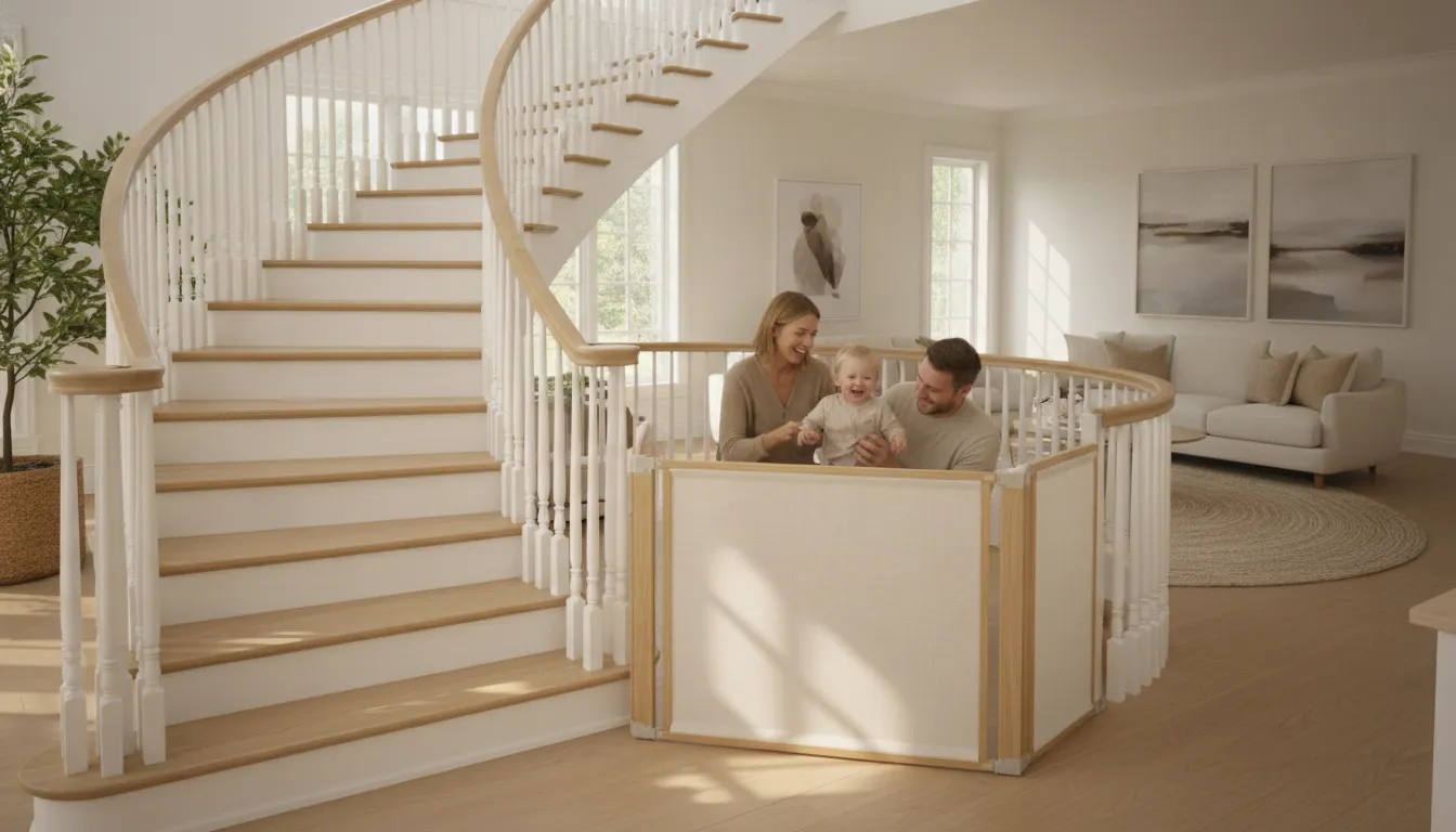 Extra wide fabric baby gate across a banister stair opening
