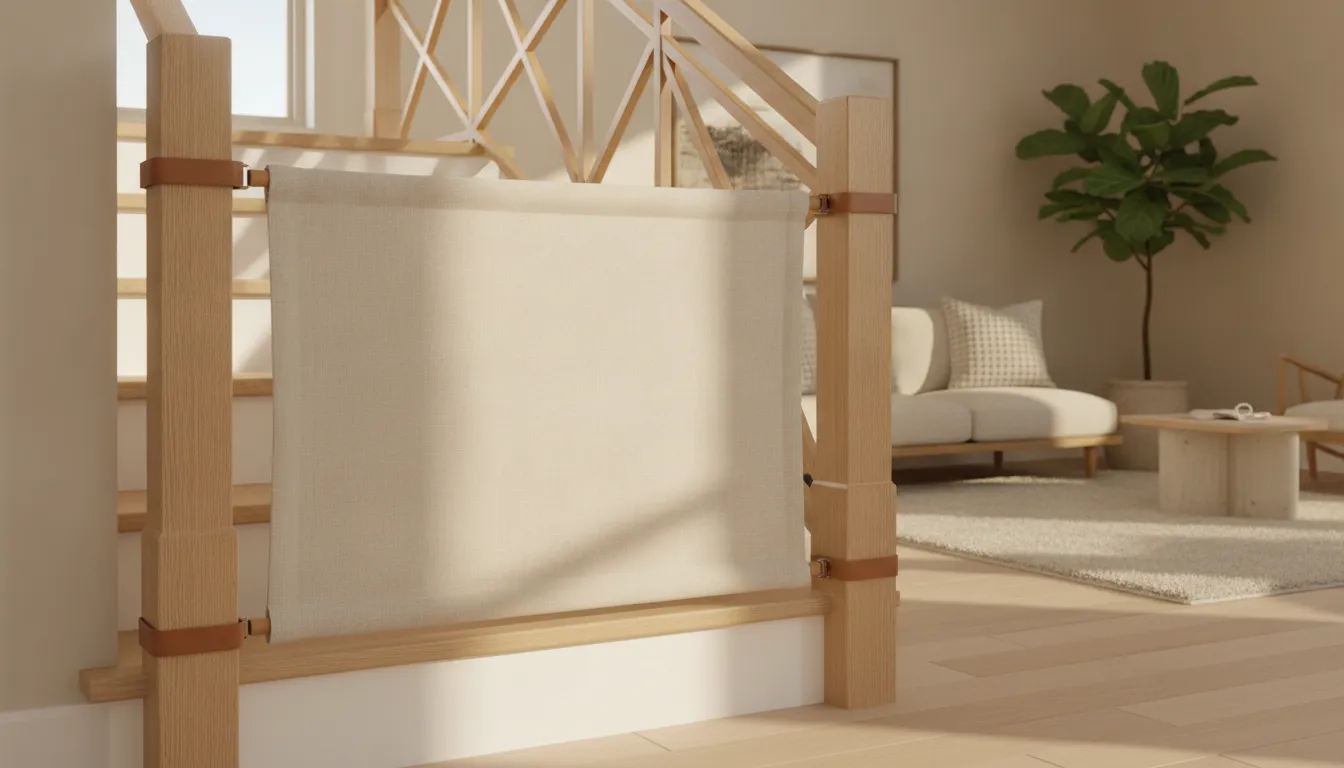 Roll-aside fabric safety barrier secured between staircase banisters