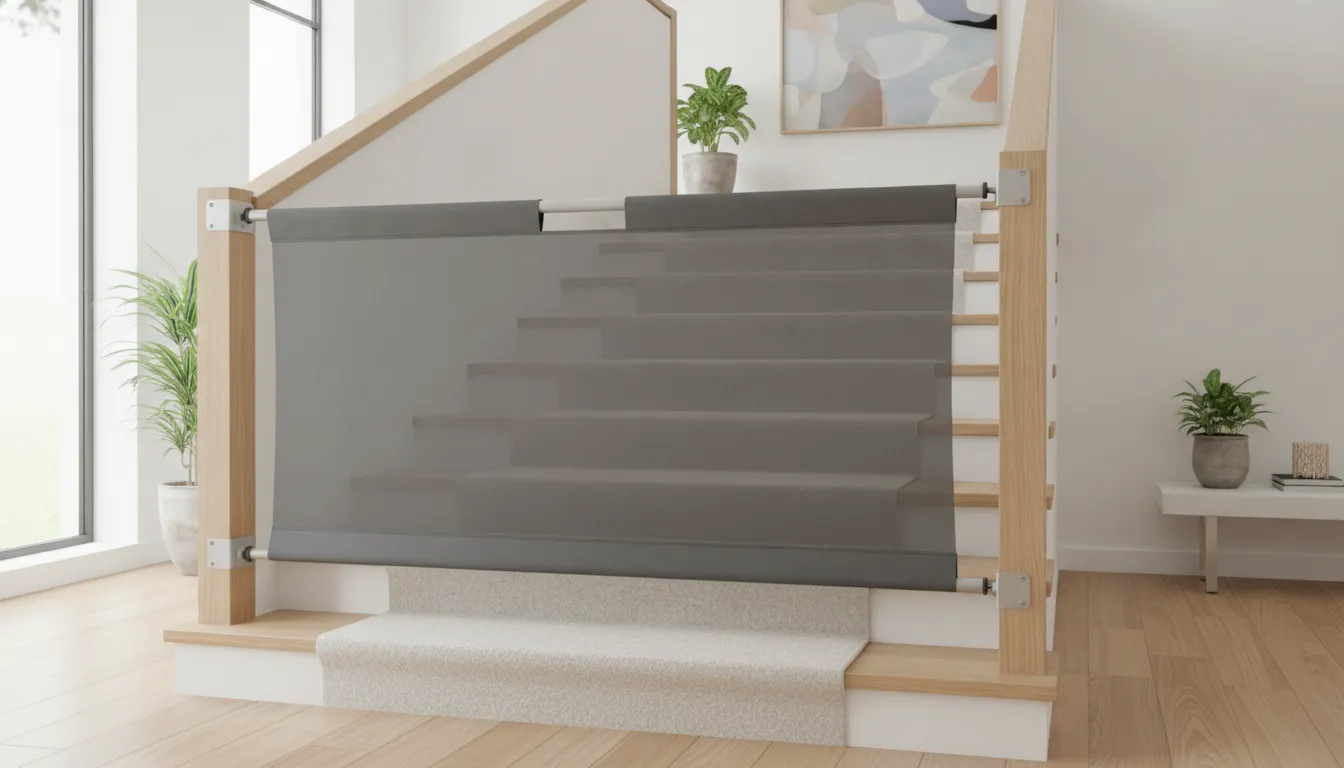 A modern fabric safety gate installed on a staircase with banister-to-banister mounting