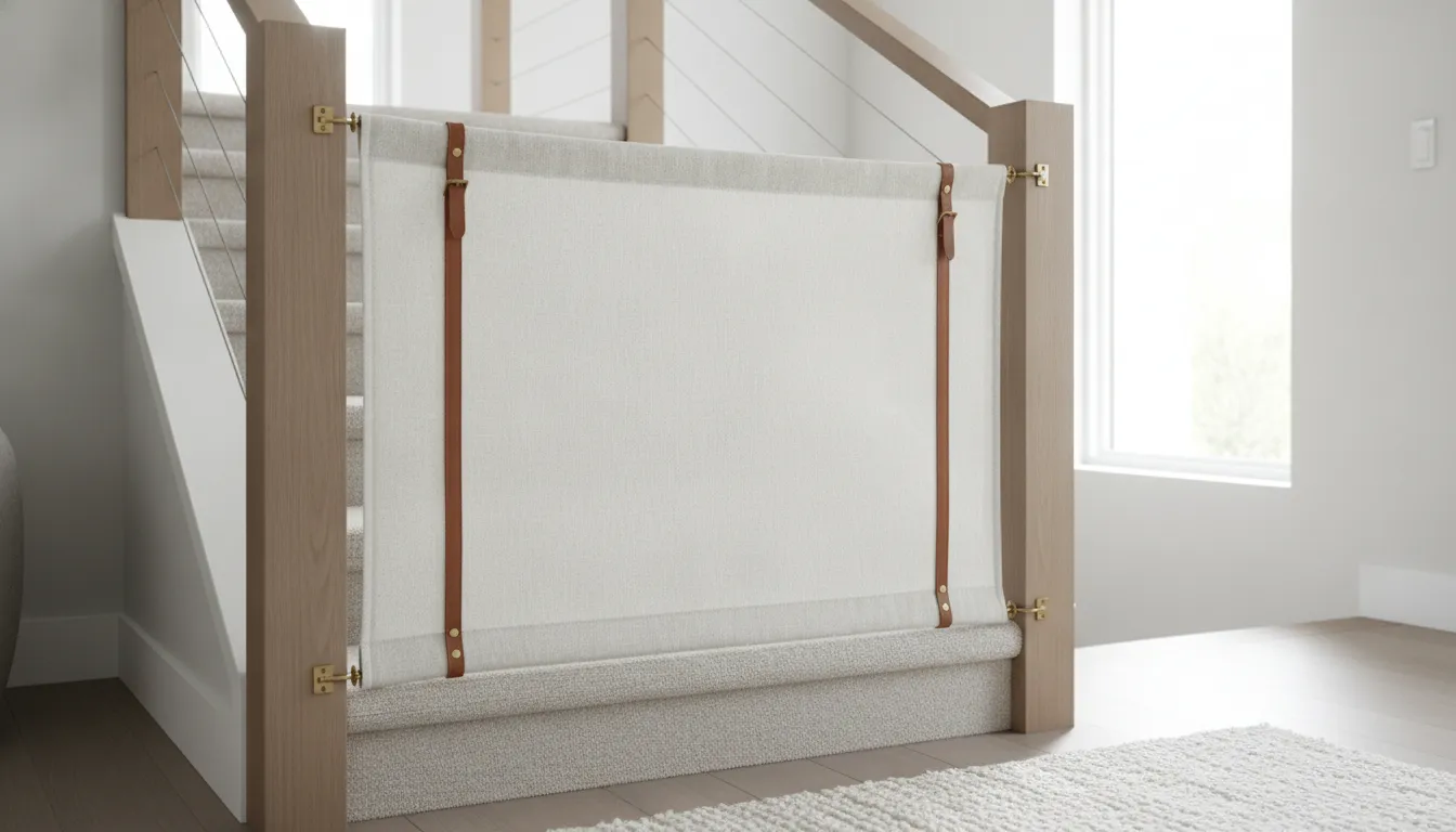 Fabric safety gate secured between two banisters at a bright staircase