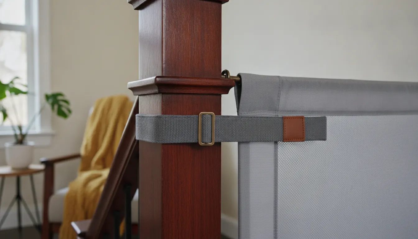 Fabric safety gate strap system wrapped securely around wooden banister without drilling