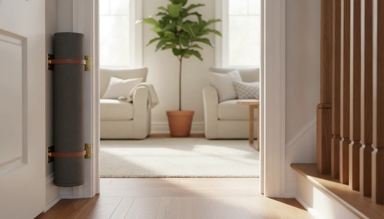 Wide fabric baby gate rolled beside a doorway