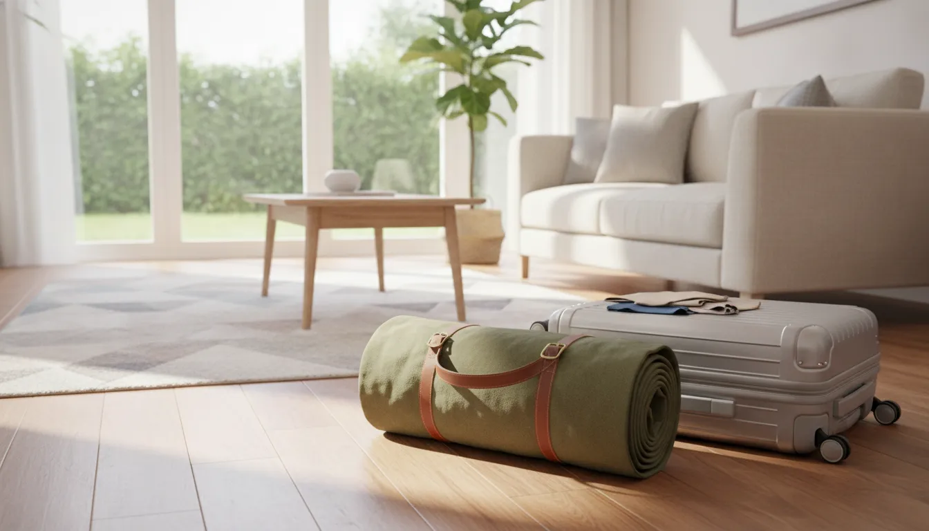 The Stair Barrier fabric safety gate rolled up and packed inside its custom travel carry bag next to a suitcase
