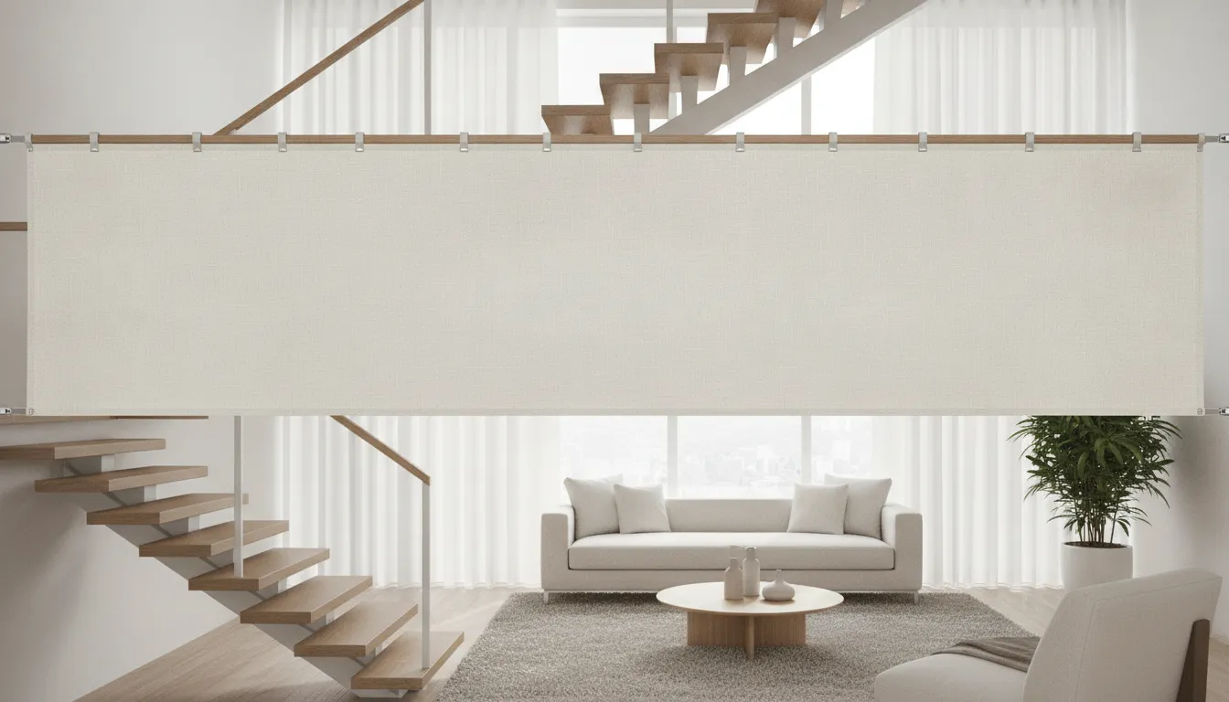 Wide fabric safety gate fitted between two wooden stair banisters