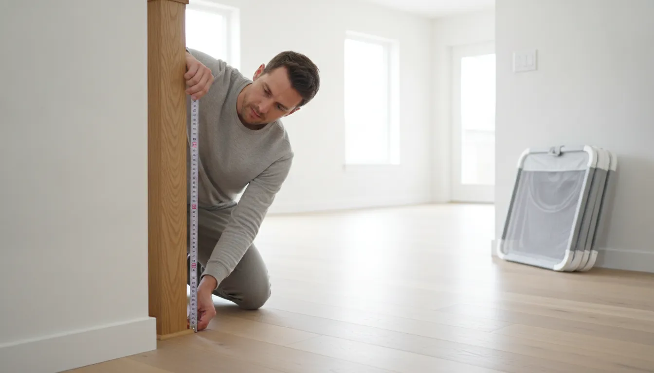 Parent measuring the gap between a painted wall and a wooden stair banister post with a tape measure