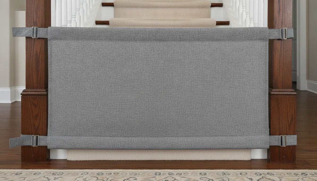 The Stair Barrier fabric baby gate securely installed on wooden banisters at the bottom of stairs in a bright room