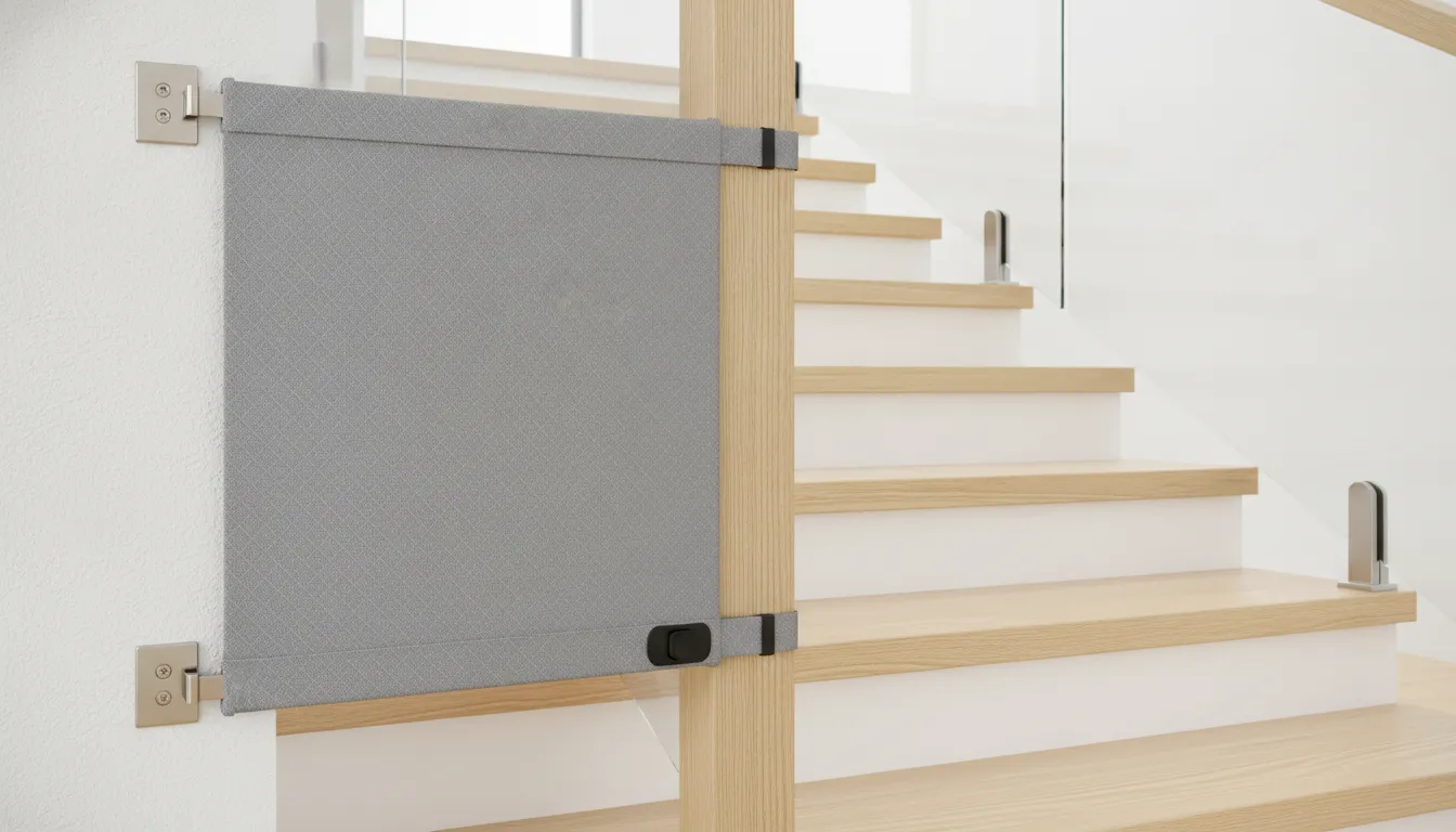 Close-up of a fabric safety gate mounted securely to a wall and a wooden stair banister post with hardware