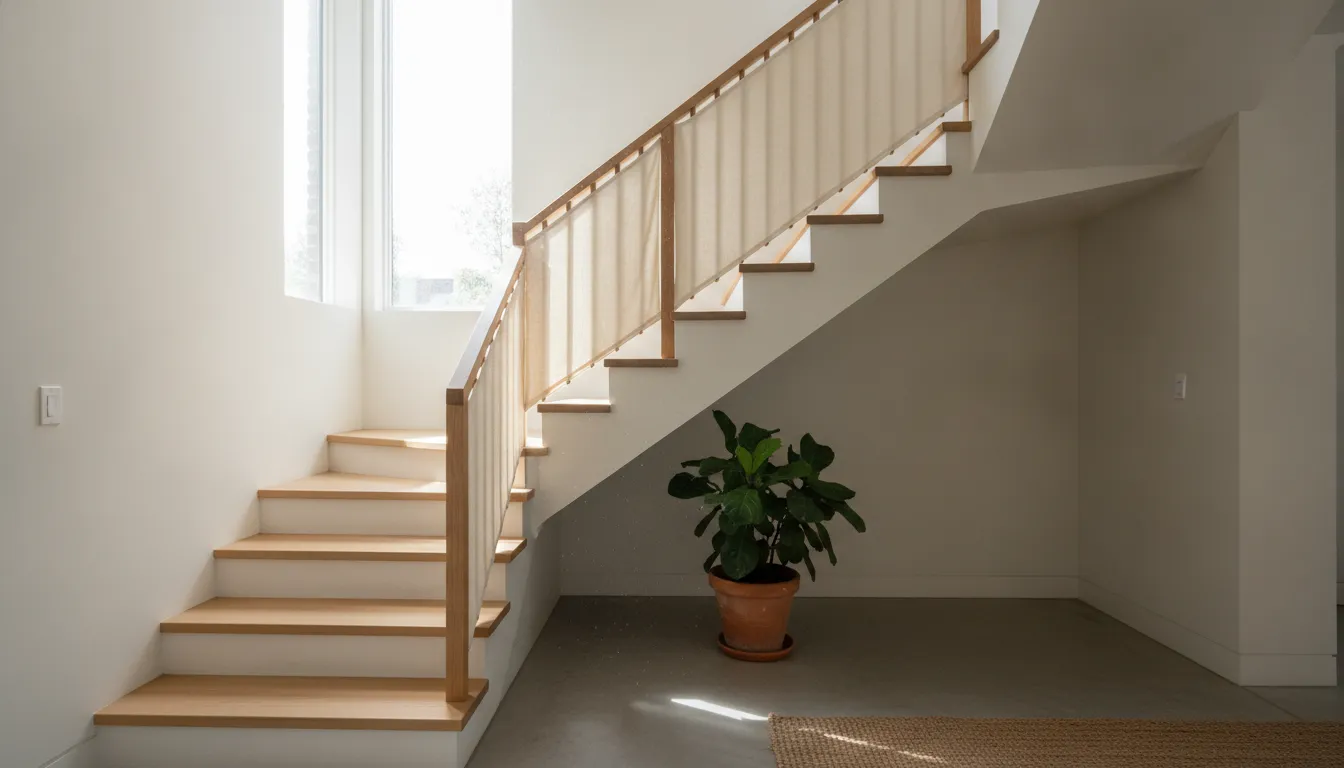 Fabric baby gate fitted across an odd staircase opening with nonparallel mounting points