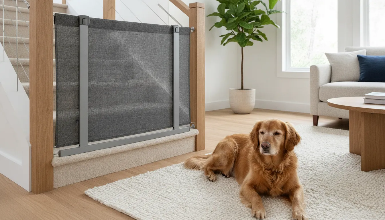 Fabric pet gate on a staircase in a bright home with a dog nearby