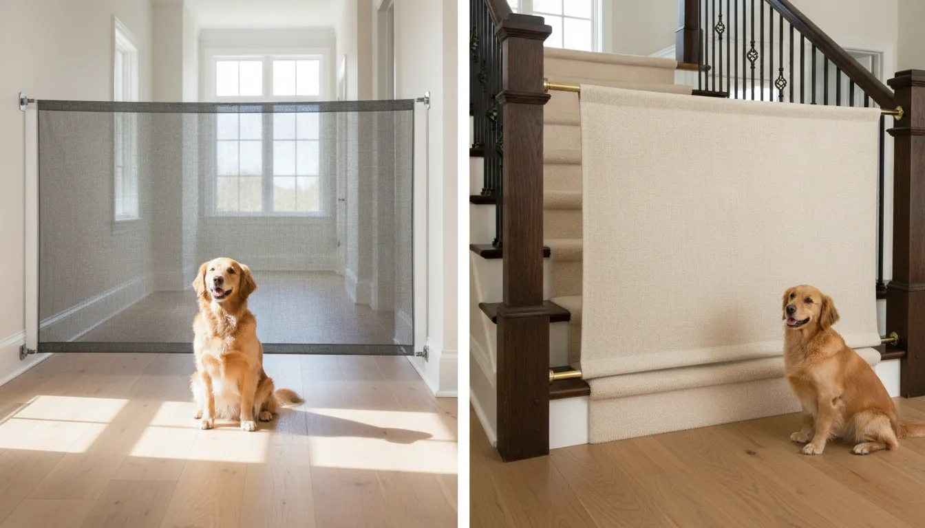 Retractable dog gate and fabric stair barrier comparison in a bright home
