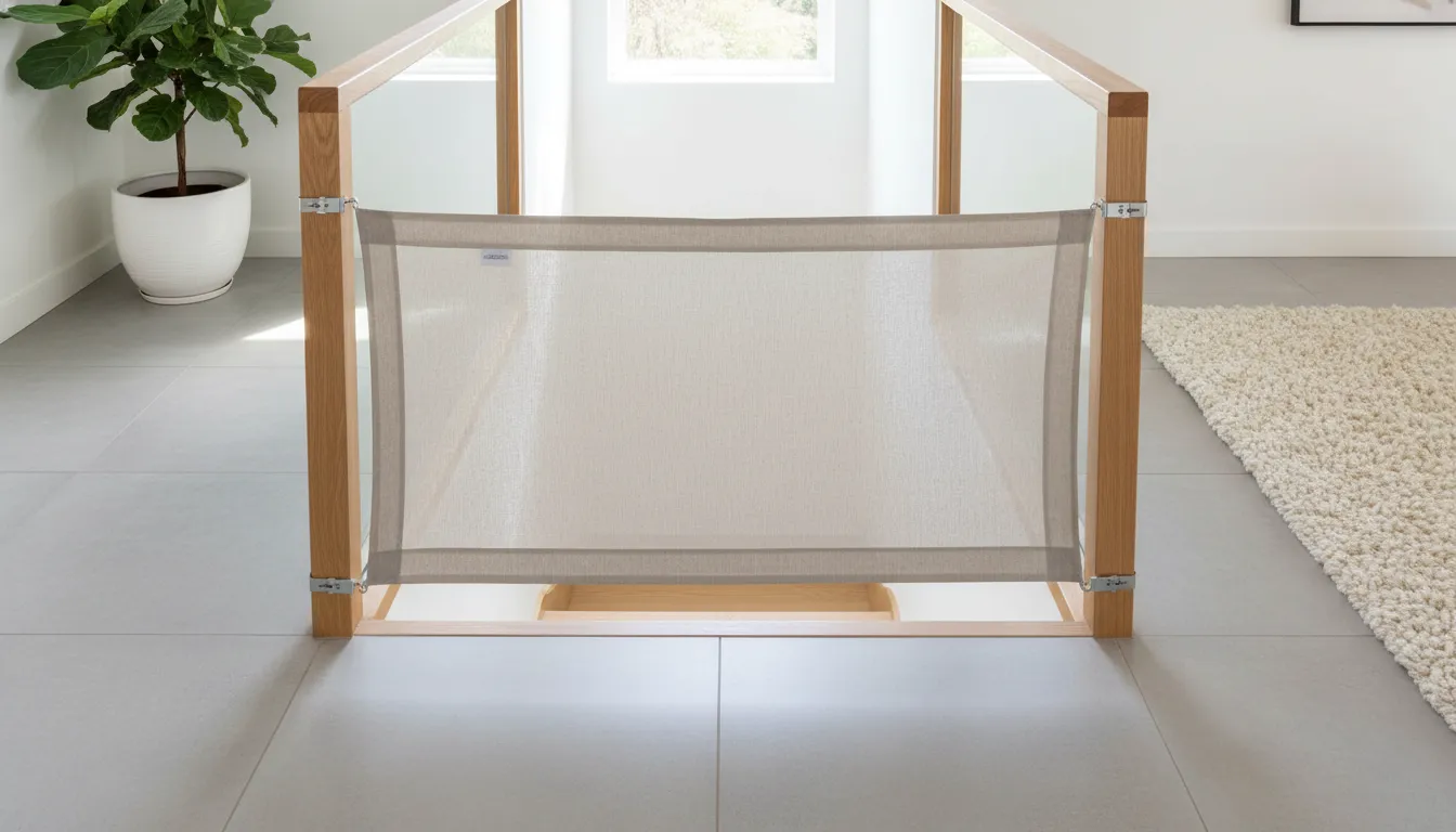 Neutral fabric safety gate installed between banisters at a stair-top landing