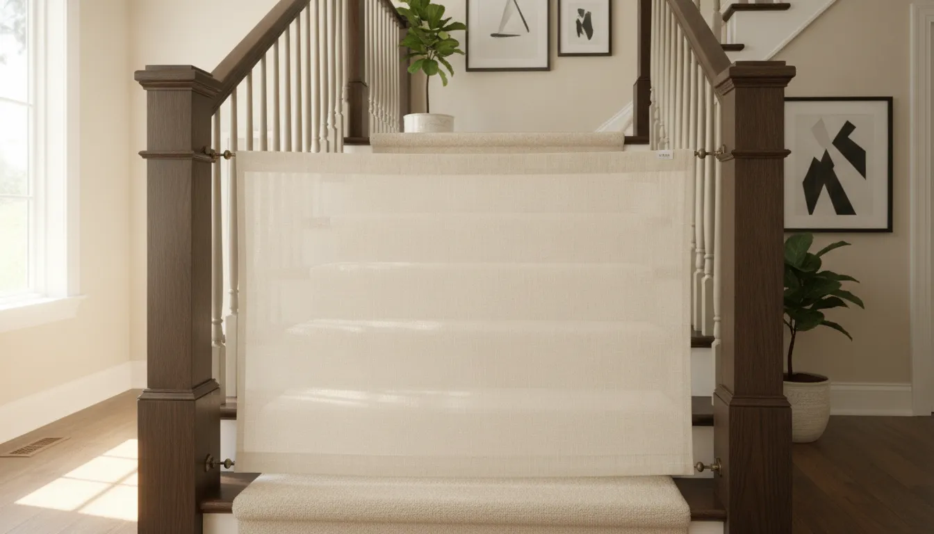 Neutral fabric tall baby gate between wood staircase banisters