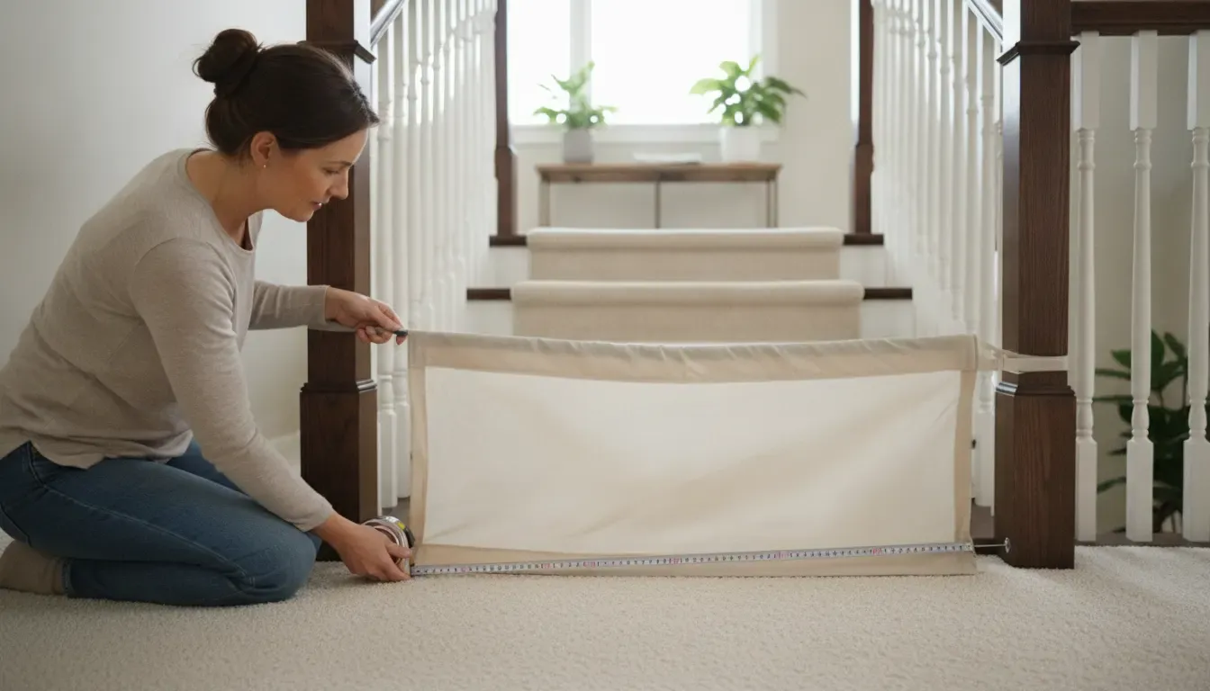 Parent measuring between two banisters for a wide opening