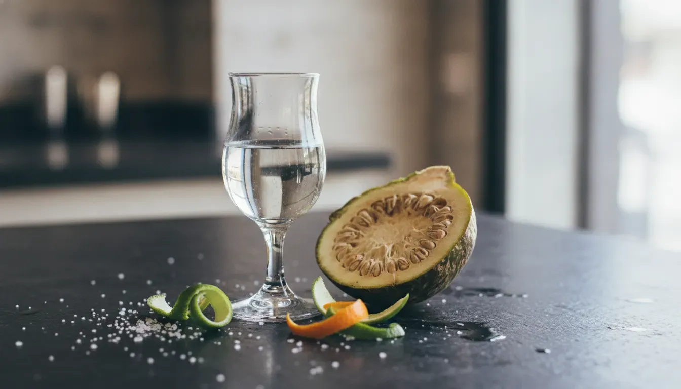Blanco tequila tasting glass with agave and citrus
