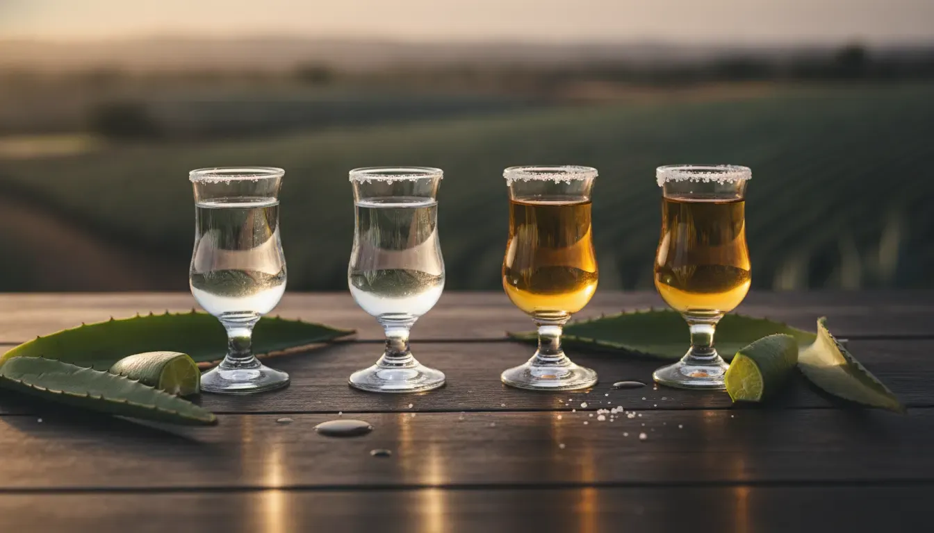 Blanco and reposado tequila tasting flight with agave leaves
