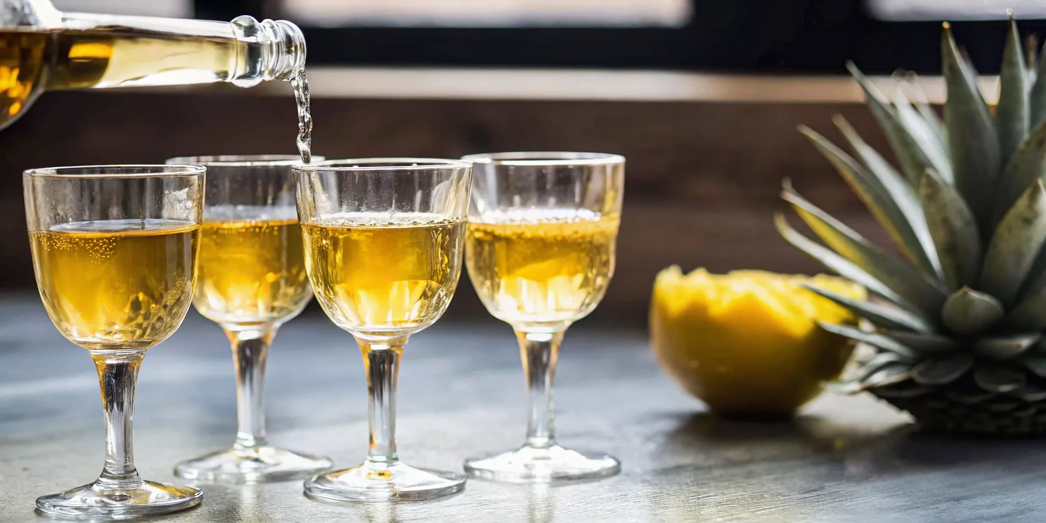 Cristalino tequila poured into tasting glasses beside blue agave