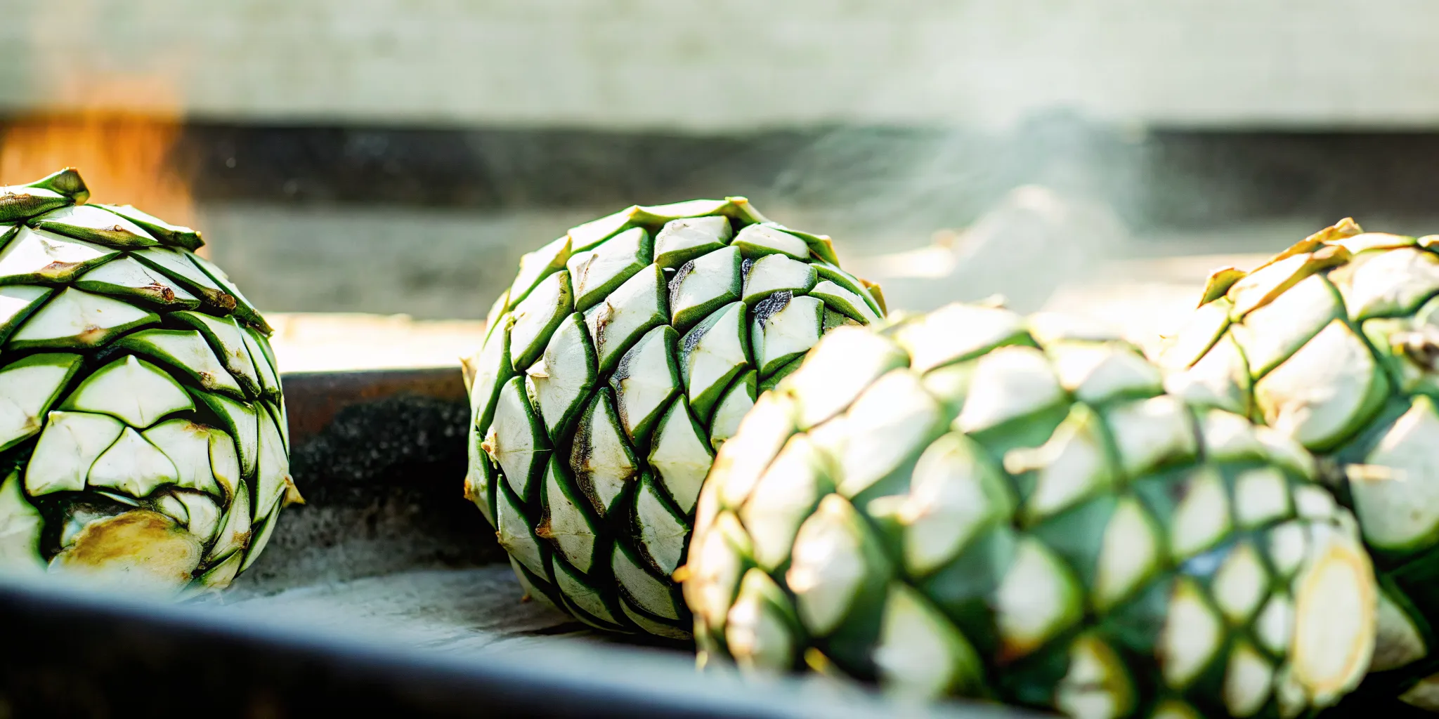 Espadin agave hearts beside a traditional earthen mezcal roasting pit