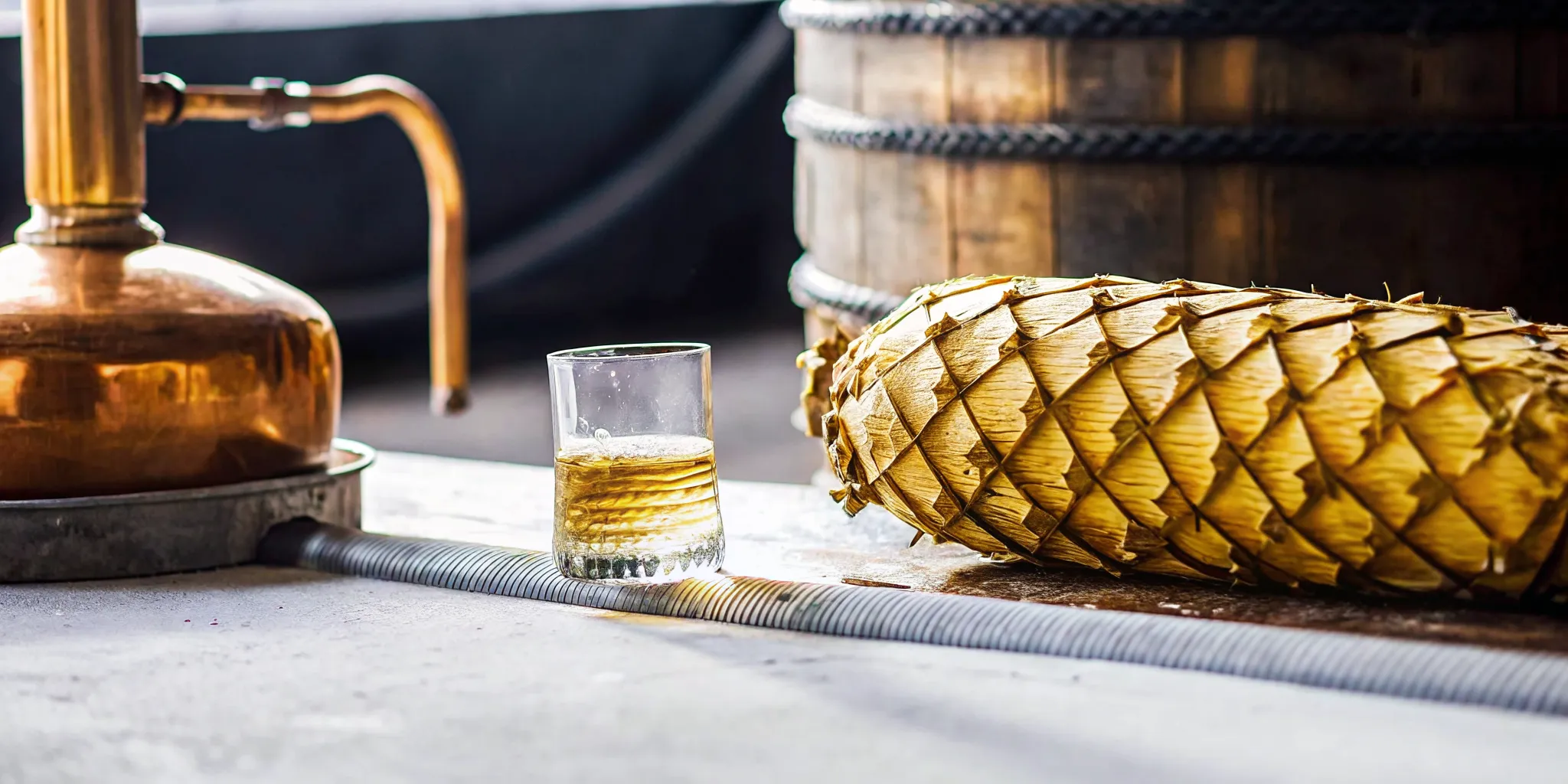 Espadin mezcal tasting copita beside roasted agave fibers
