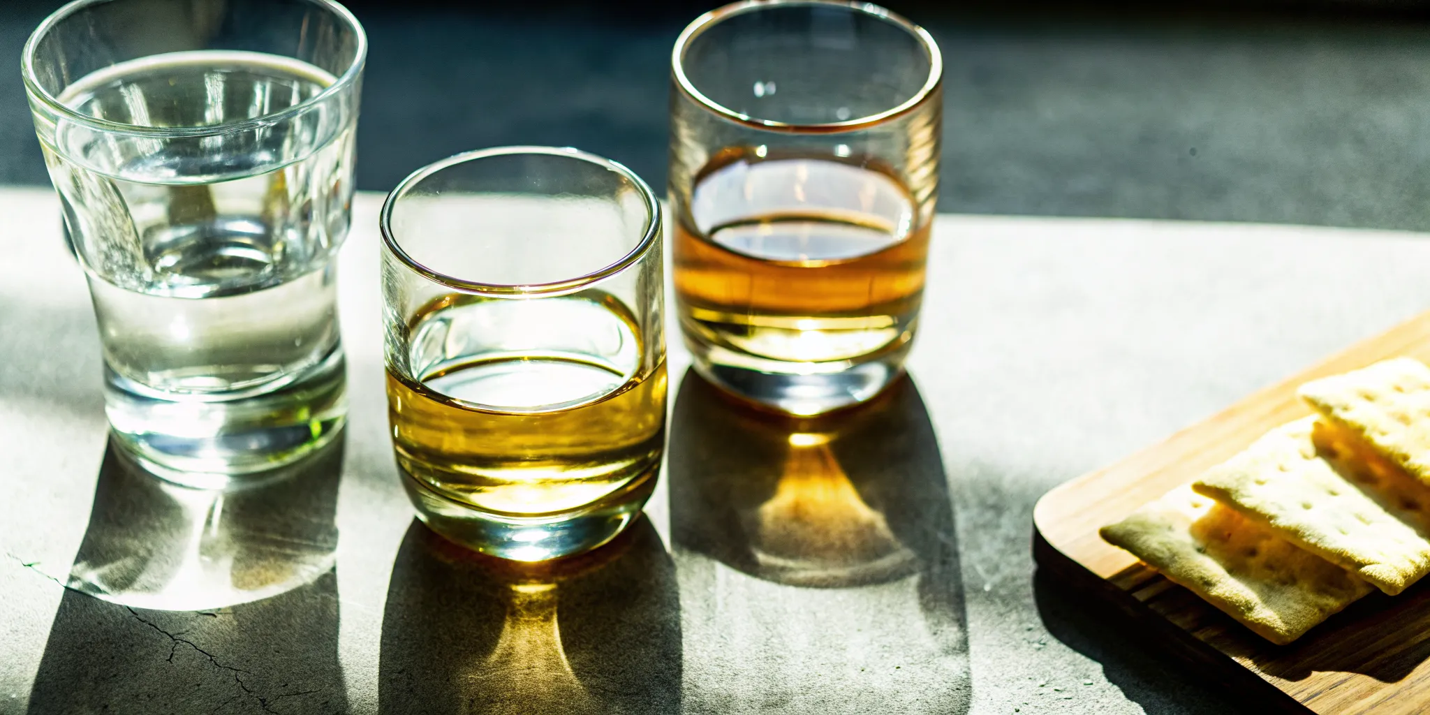 At-home tequila flight setup with water and palate cleansers