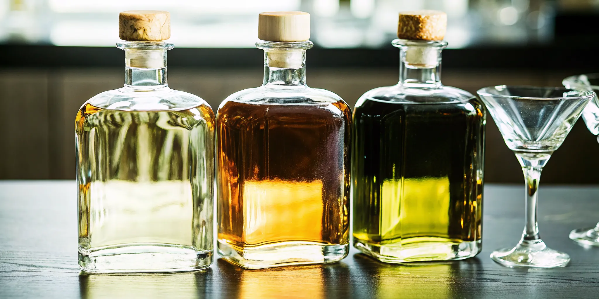 Three premium tequila bottles arranged on a dark wooden bar counter with warm amber lighting