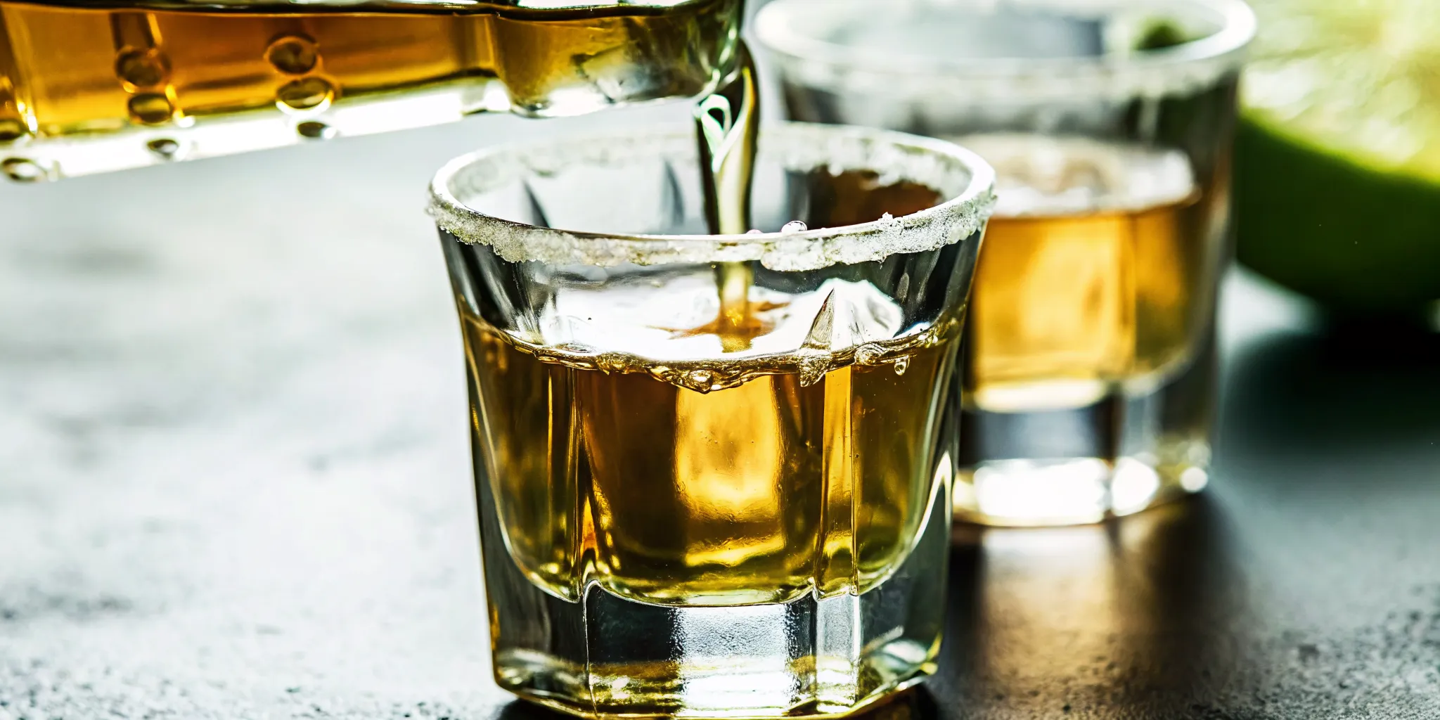 Tequila being poured into a crystal glass catching golden light