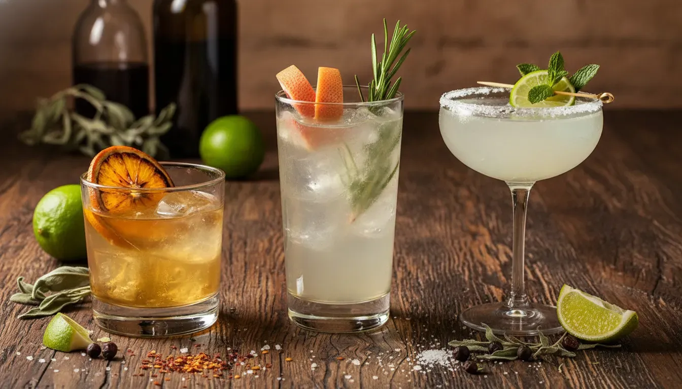 Three finished sotol cocktails with citrus and herbs