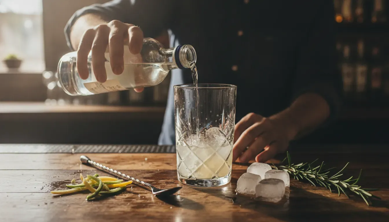 Bartender stirring a sotol cocktail with citrus and rosemary