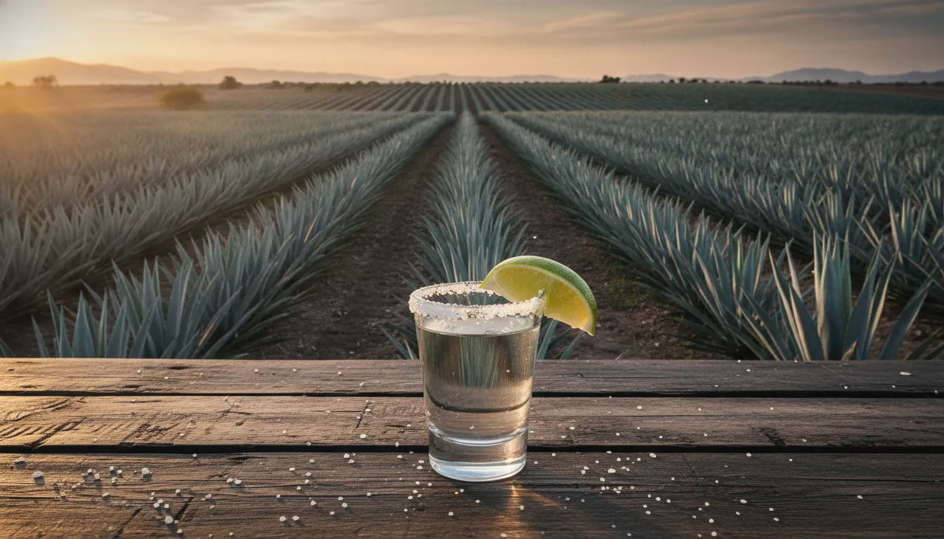 Sunlit blue agave field in Jalisco with a glass of clear blanco tequila nearby