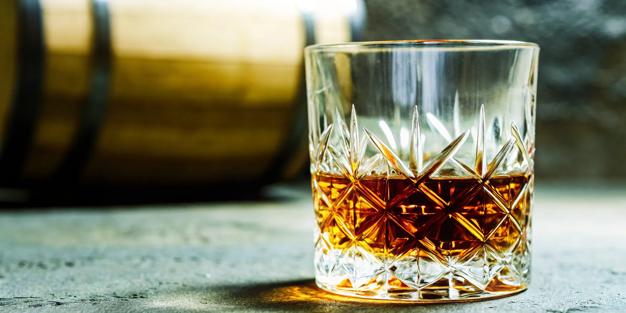 Anejo tequila in a crystal tumbler with warm amber glow and oak barrel in moody background
