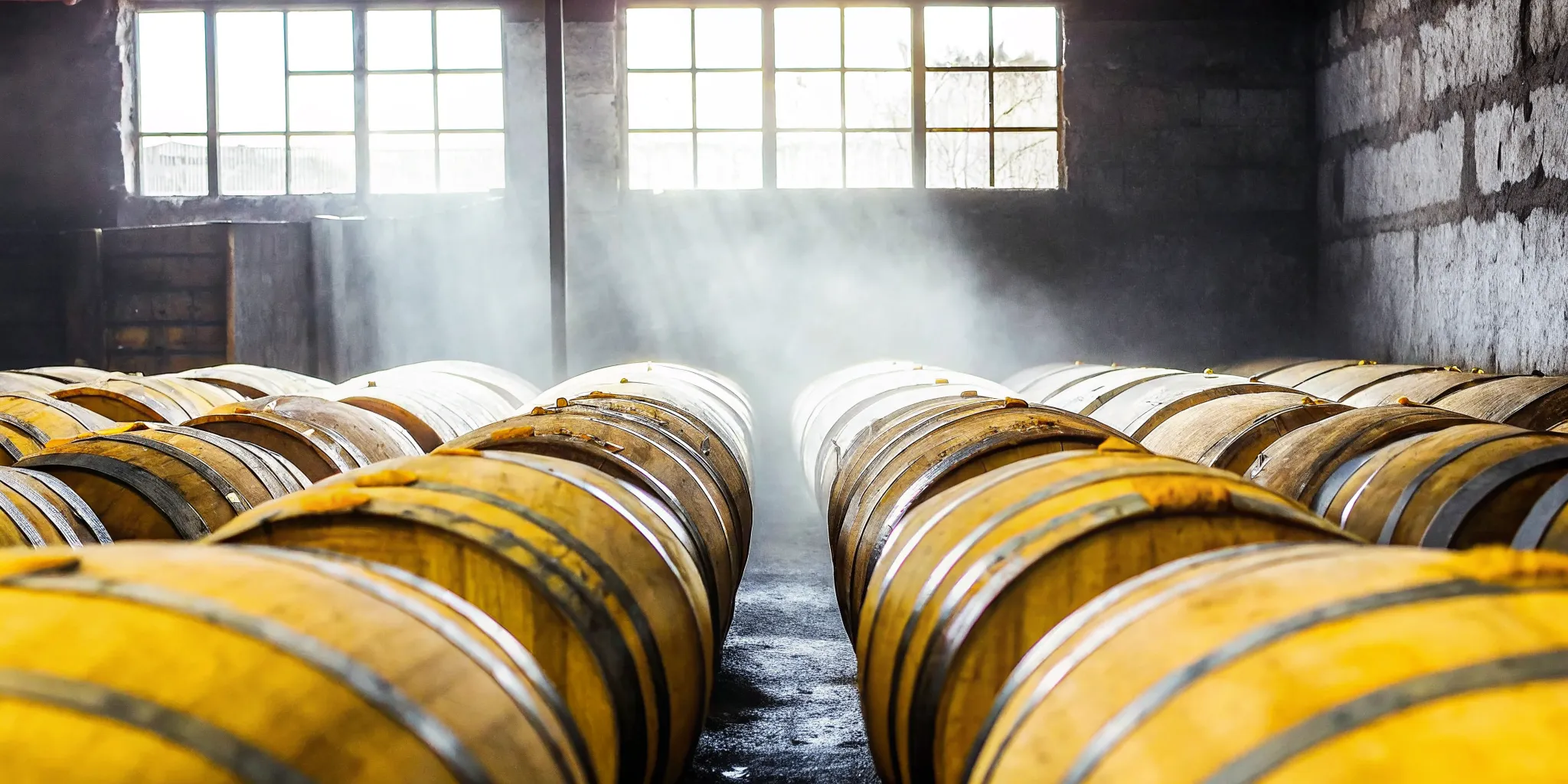 Rows of oak barrels resting in a traditional Mexican tequila distillery cellar