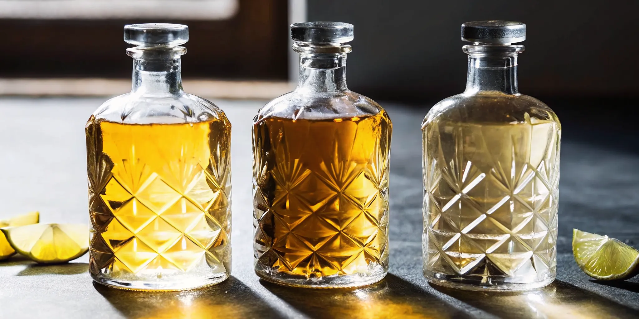 Three premium blanco tequila bottles lined up on a dark bar top with natural lighting
