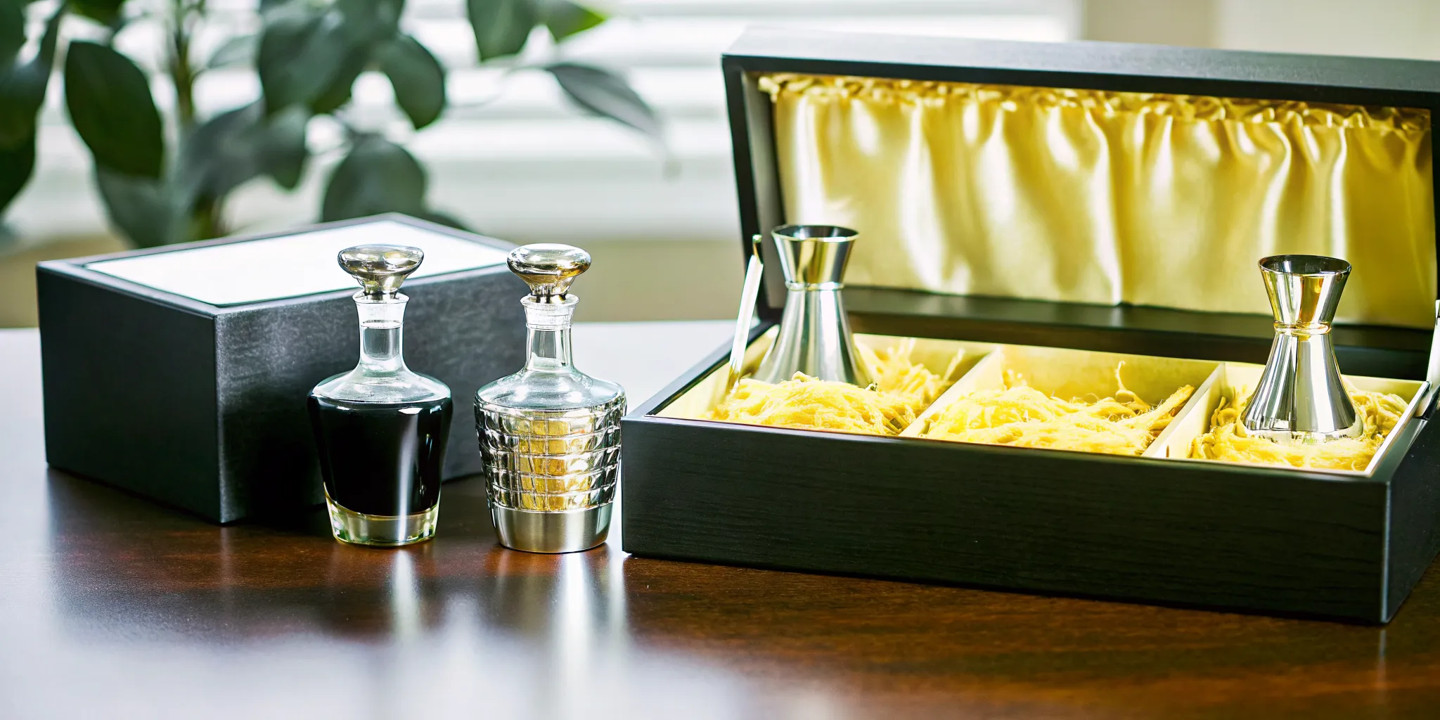 Corporate tequila gift boxes with custom engraved logo bottles on a conference table
