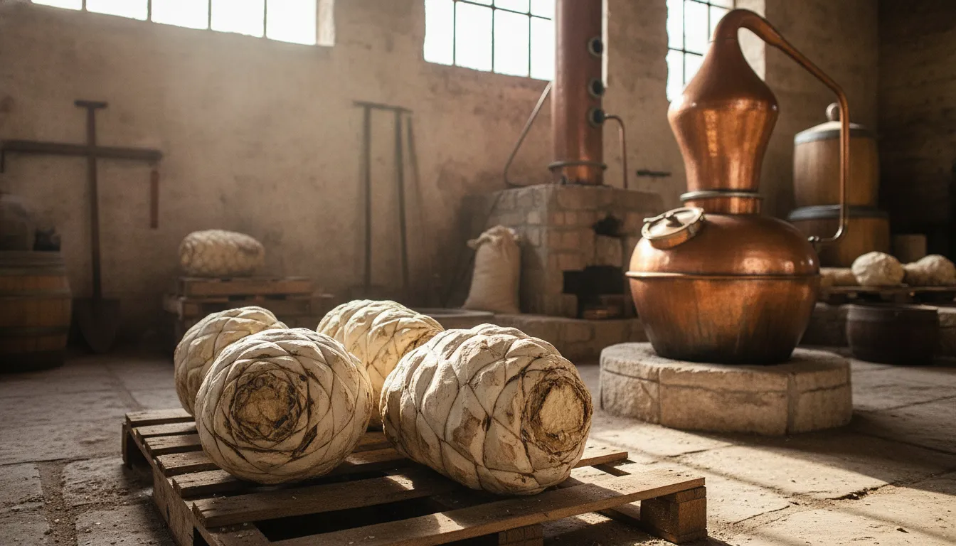 Blue agave hearts and a copper still in a tequila distillery